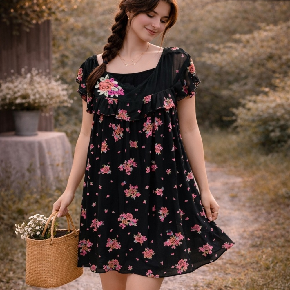 Chelsea & Violet Multicolored Black Embroidered Floral Print Medium Dress